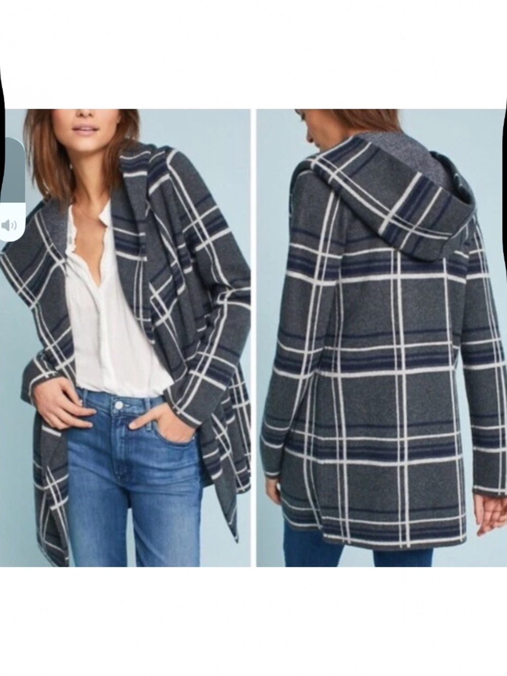 Anthropologie Field & Flower Glencoe Grey Plaid 100% Wool Sweater Coat Hood XS